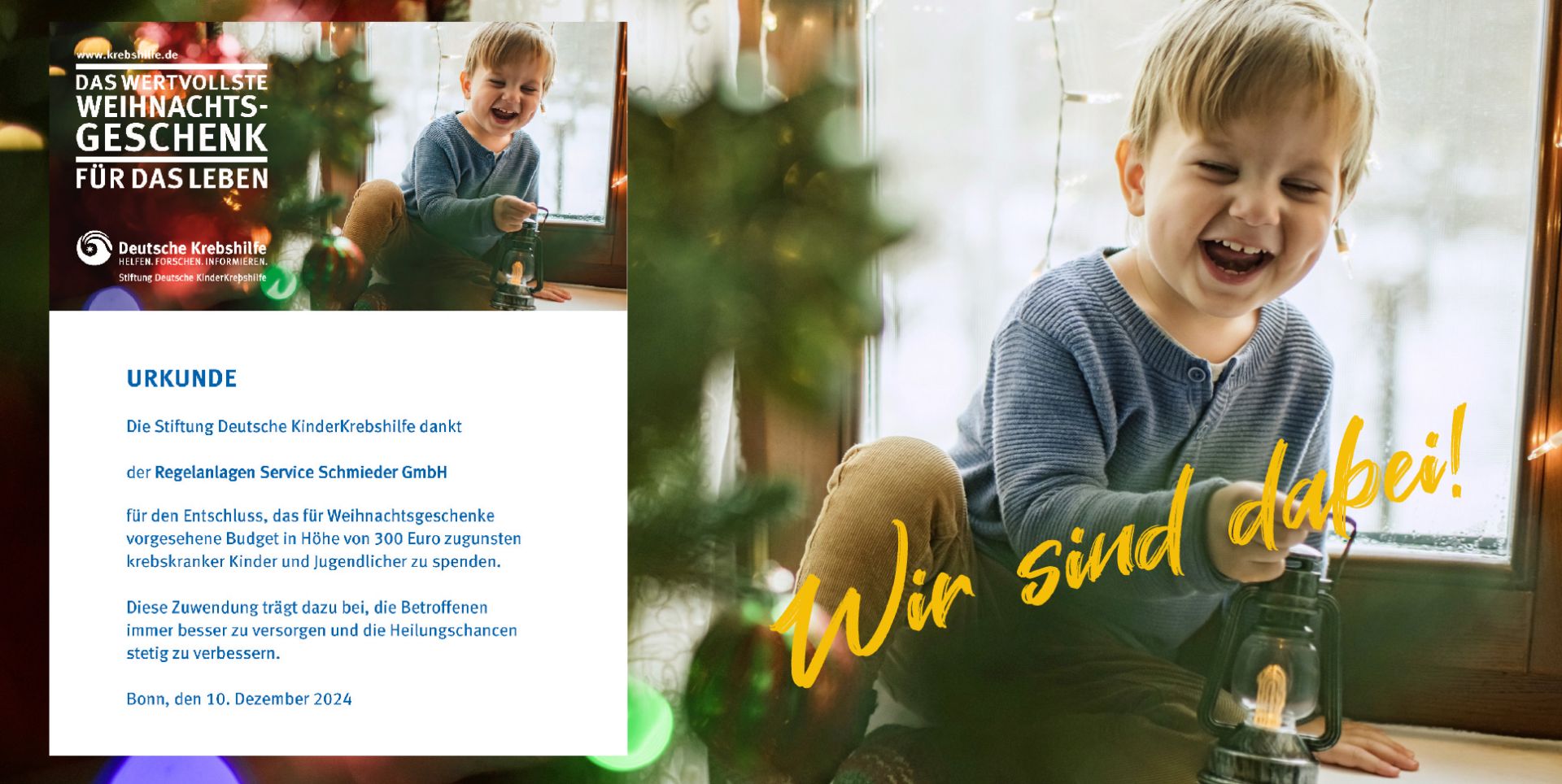 Über dem Bild wird eine Spendenbestätigung in Höhe von 300 Euro der Firma Regelanlagen Service Schmieder GmbH eingeblendet